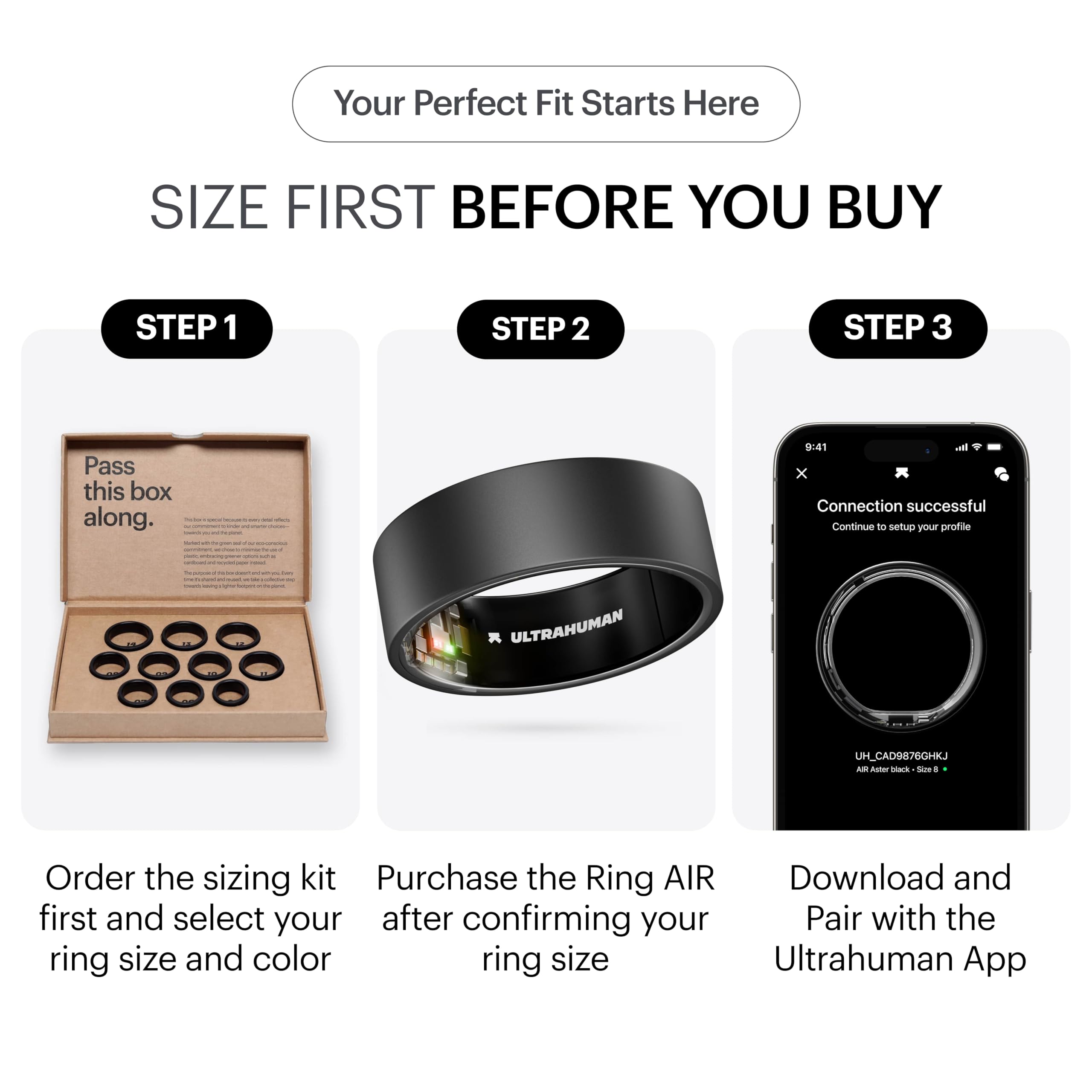 Smart ring and sizing samples arranged for a UK buying comparison